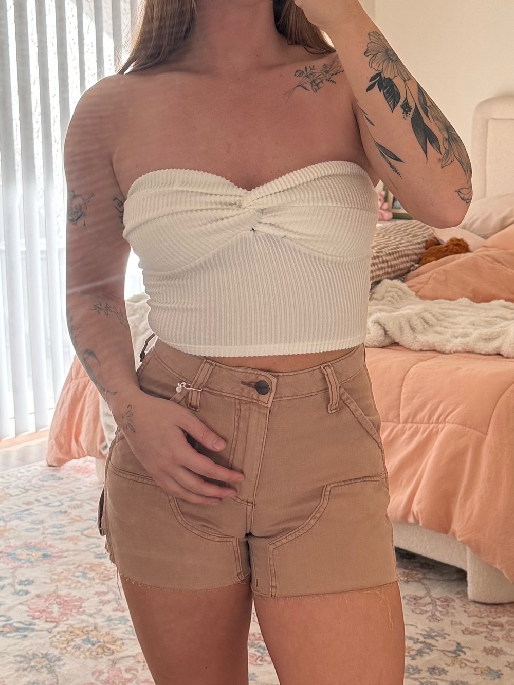 Strapless Ribbed Twist-Front Crop Top - White